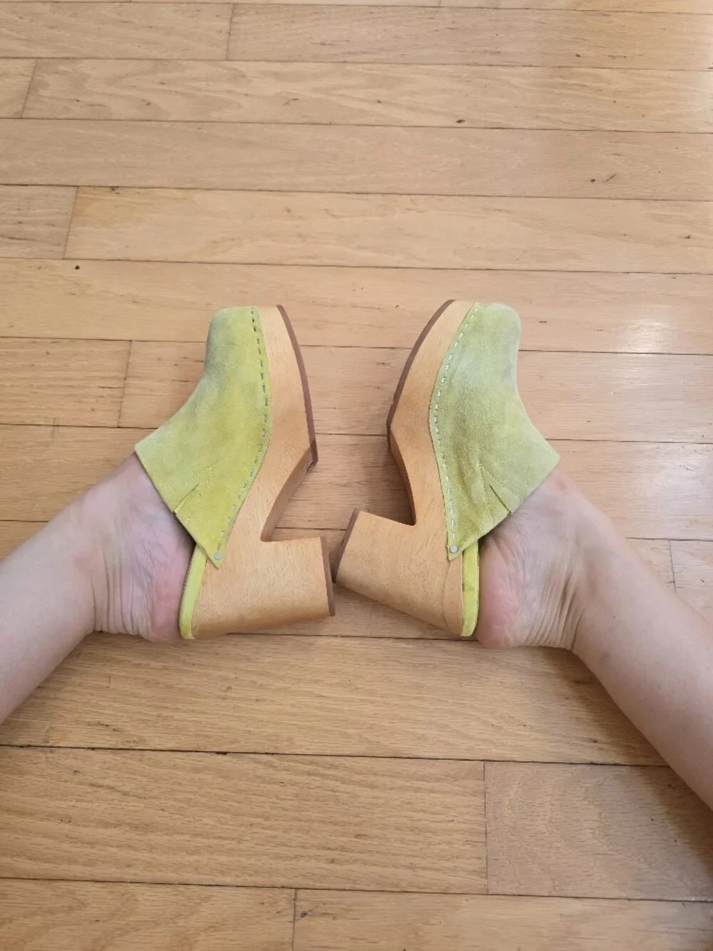 Charlotte Stone | Marlo Lime Green Suede Retro Wooden Platform Mules | WMS 6